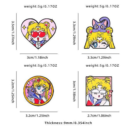 4 Pcs Sailor Moon Heart Shape Enamel Pins Cartoon Brooch Creativity Metal Badges for Backpack, Clothing, Jewelry or a Holiday Gift