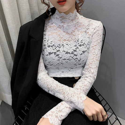 Stretch Floral Lace Petal Sleeve Shirt