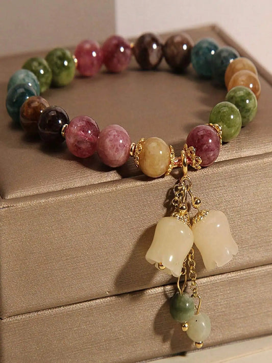 Natural Stone Colorful Beryl Beaded Bracelet For Women, Delicate Lily Of The Valley Pendant Charm Handmade