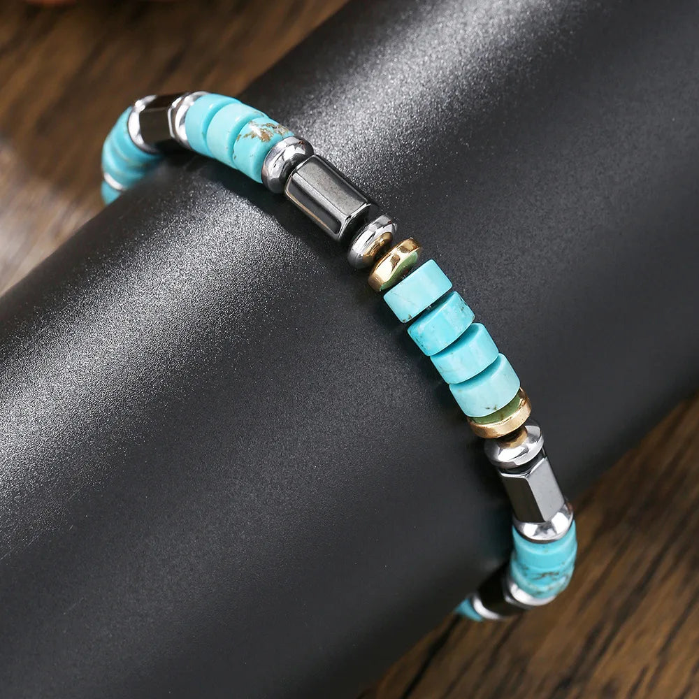 Turquoise Black Stone Bead Bracelet Handmade Elastic Rope