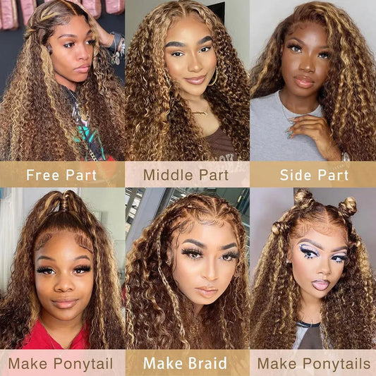 Highlight Curly Wig 13x4 Lace Front Wig Human Hair Wigs Glueless HD Deep Wave Lace Frontal Wig 4/27 Colored Wigs PrePlucked