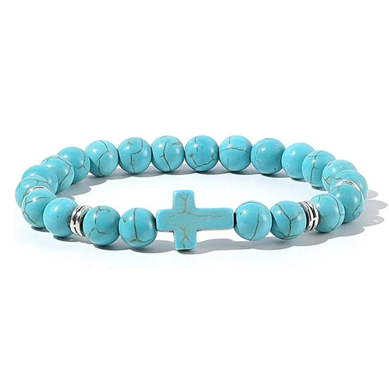 Natural Stone Wood Beads Rosary Hematite Cross Bracelet
