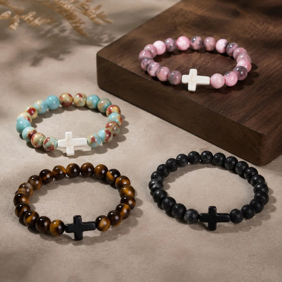 Natural Stone Wood Beads Rosary Hematite Cross Bracelet