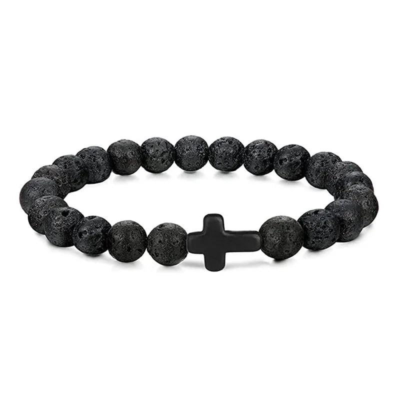 Natural Stone Wood Beads Rosary Hematite Cross Bracelet