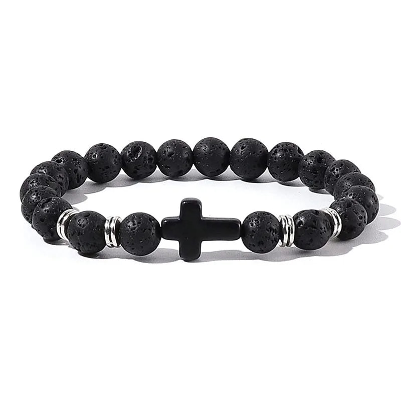 Natural Stone Wood Beads Rosary Hematite Cross Bracelet