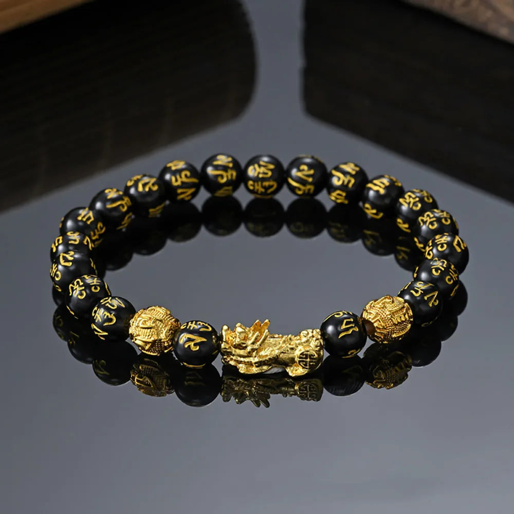FengShui Wealth And Luck Bracelet, Feng Shui Black Obsidian Elastic Bracelet