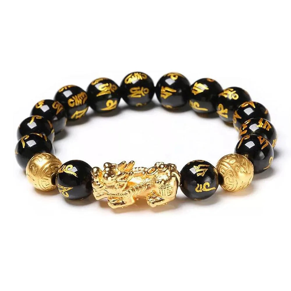 FengShui Wealth And Luck Bracelet, Feng Shui Black Obsidian Elastic Bracelet