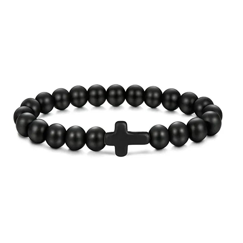 Natural Stone Wood Beads Rosary Hematite Cross Bracelet