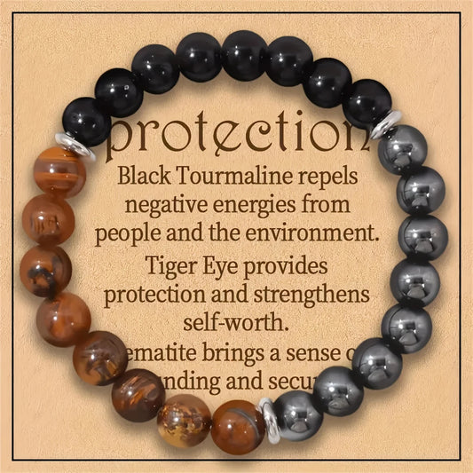 Triple Protection Bracelet:Tiger Eye, Black Obsidian, & Hematite 8mm Round Protection Crystals (Gemstone Stretch Bracelet)