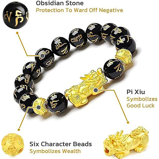 FengShui Wealth And Luck Bracelet, Feng Shui Black Obsidian Elastic Bracelet