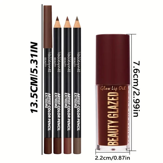 4pcs Lip Kit Set-3pcs Lip Liner+1pc Lip Glaze, Waterproof&Long-Lasting Matte Effect