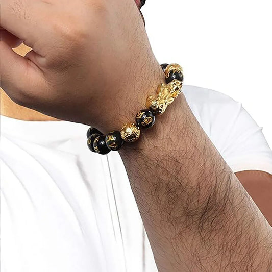 FengShui Wealth And Luck Bracelet, Feng Shui Black Obsidian Elastic Bracelet