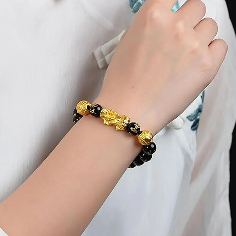 FengShui Wealth And Luck Bracelet, Feng Shui Black Obsidian Elastic Bracelet