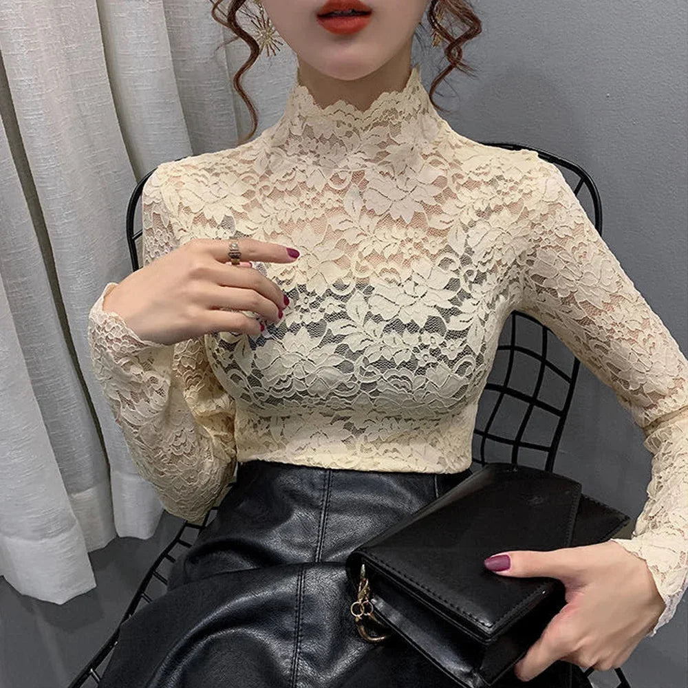 Stretch Floral Lace Petal Sleeve Shirt