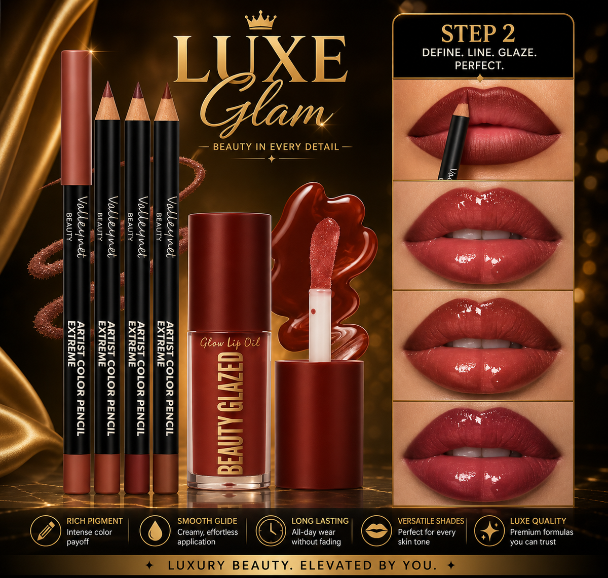 4pcs Lip Kit Set-3pcs Lip Liner+1pc Lip Glaze, Waterproof&Long-Lasting Matte Effect