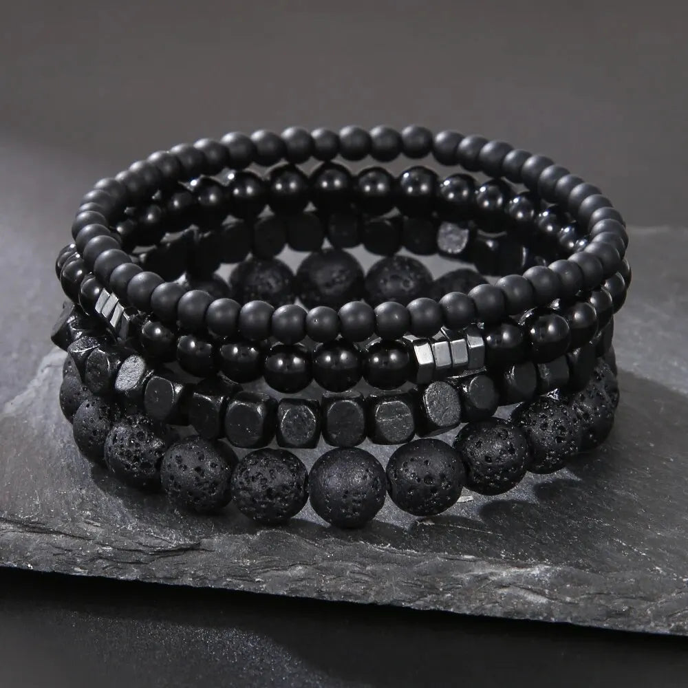 4Pcs/Set Black Gall Stone Volcanic Stone Wood Beads Multi-layer bracelet set