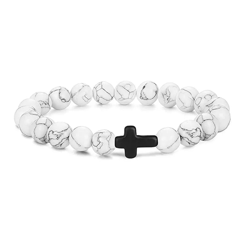Natural Stone Wood Beads Rosary Hematite Cross Bracelet