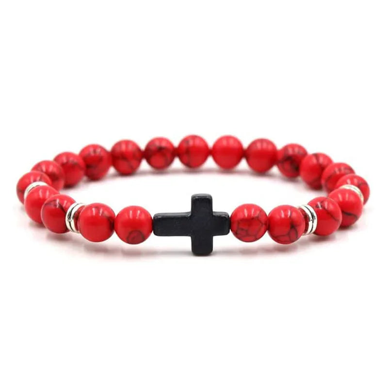 Natural Stone Wood Beads Rosary Hematite Cross Bracelet