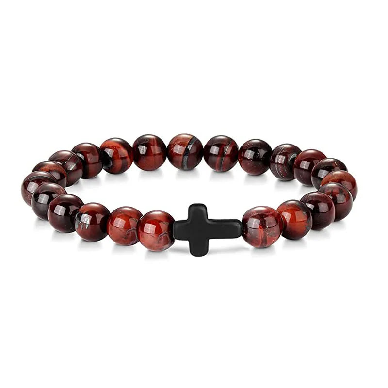 Natural Stone Wood Beads Rosary Hematite Cross Bracelet