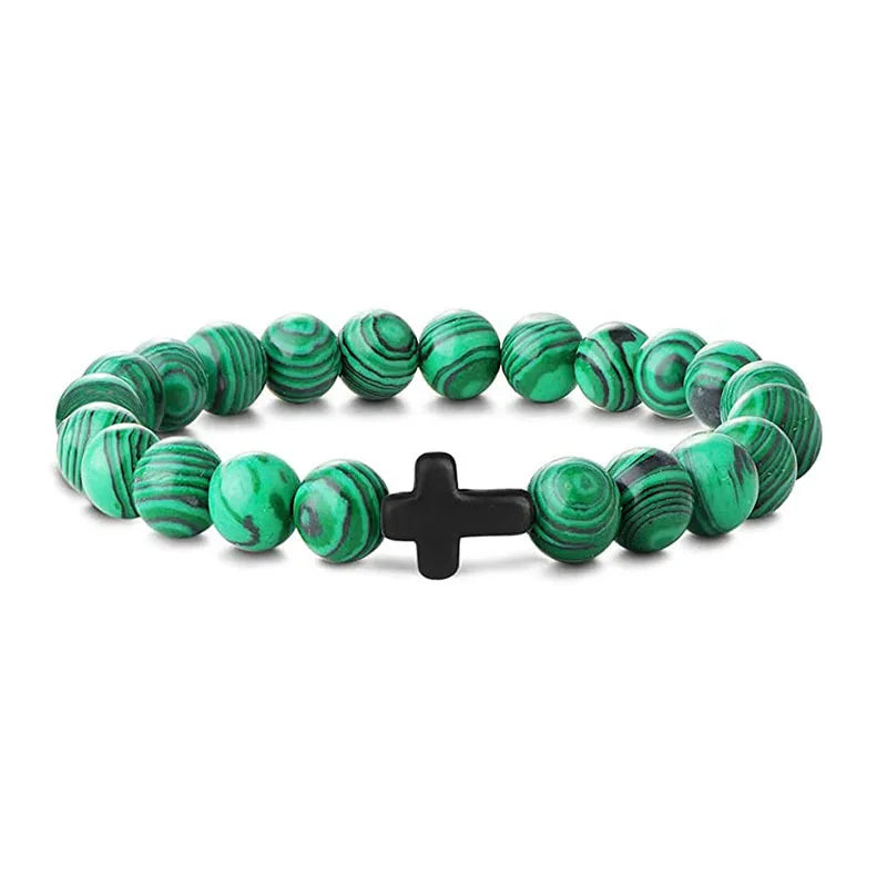 Natural Stone Wood Beads Rosary Hematite Cross Bracelet
