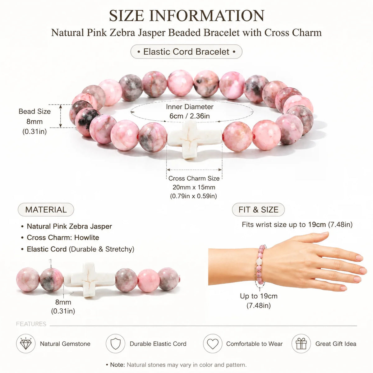 Natural Stone Wood Beads Rosary Hematite Cross Bracelet