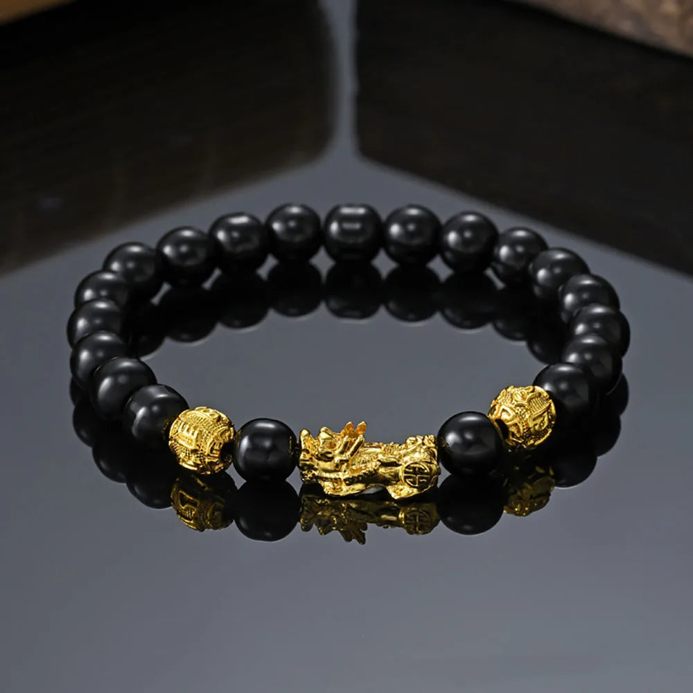 FengShui Wealth And Luck Bracelet, Feng Shui Black Obsidian Elastic Bracelet