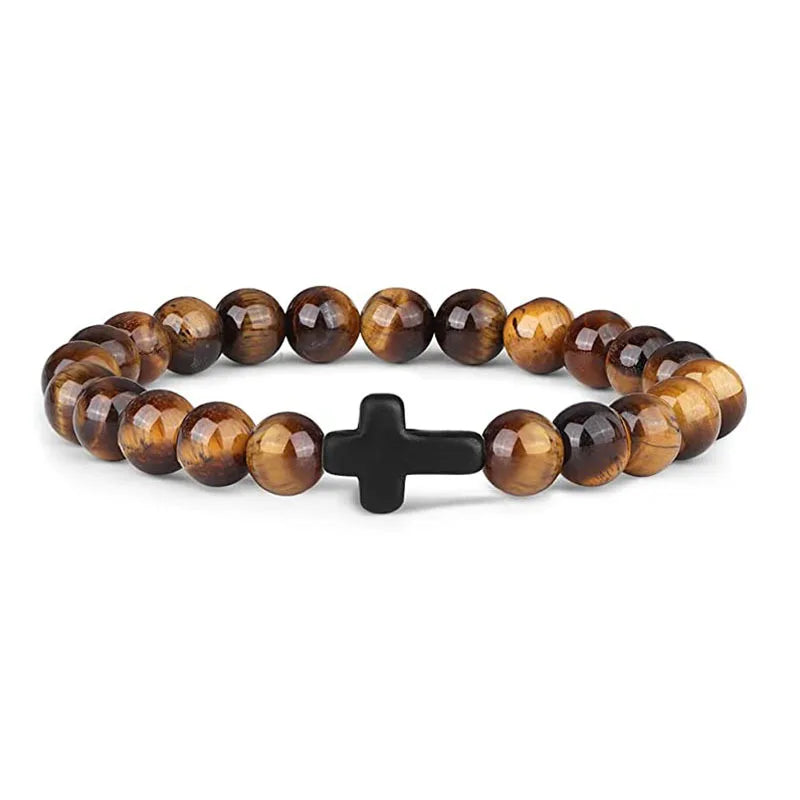 Natural Stone Wood Beads Rosary Hematite Cross Bracelet