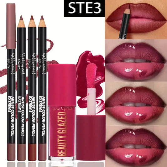 4pcs Lip Kit Set-3pcs Lip Liner+1pc Lip Glaze, Waterproof&Long-Lasting Matte Effect