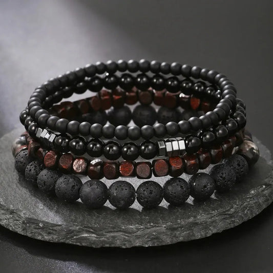 4Pcs/Set Black Gall Stone Volcanic Stone Wood Beads Multi-layer bracelet set