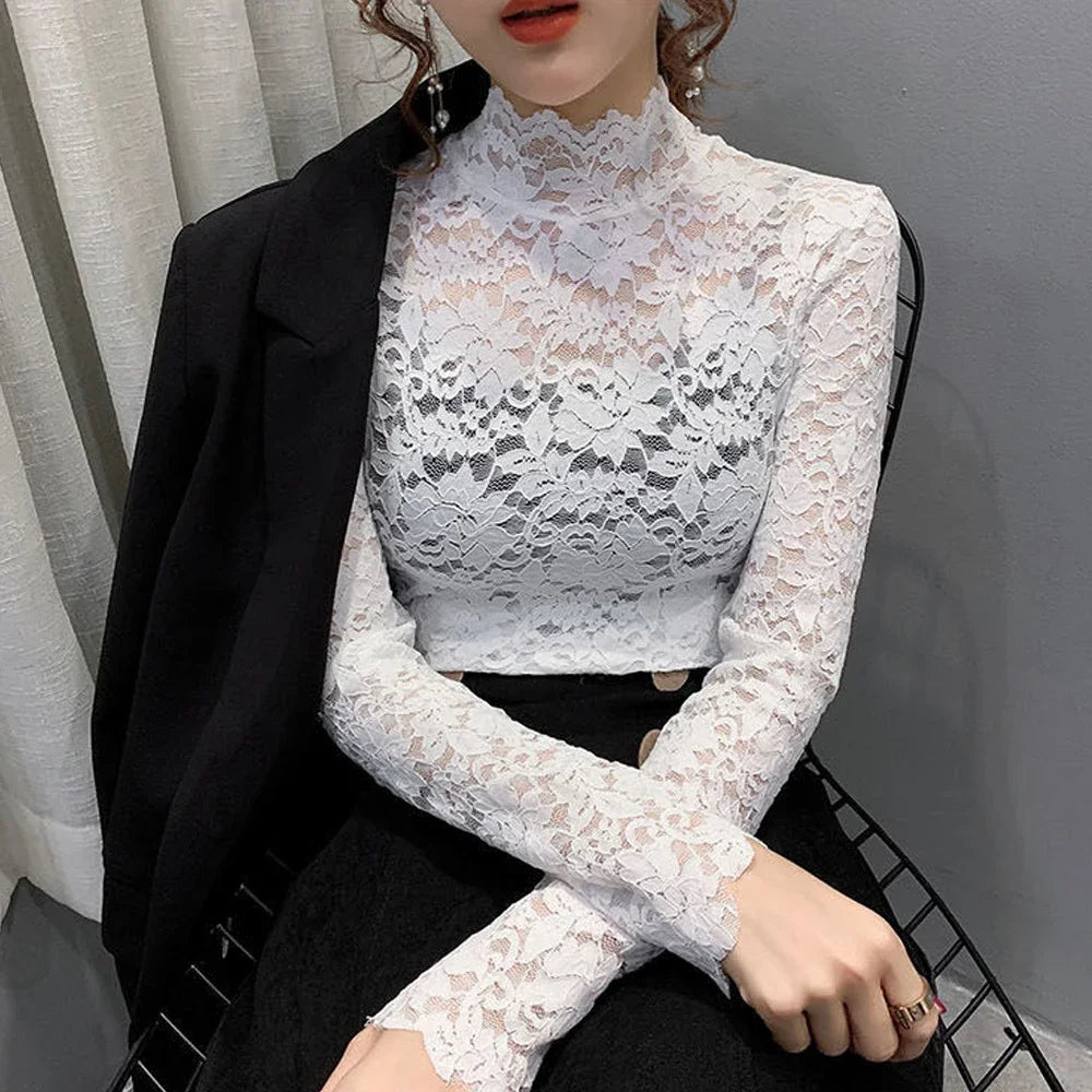 Stretch Floral Lace Petal Sleeve Shirt