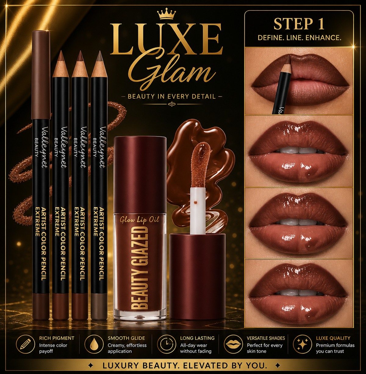 4pcs Lip Kit Set-3pcs Lip Liner+1pc Lip Glaze, Waterproof&Long-Lasting Matte Effect