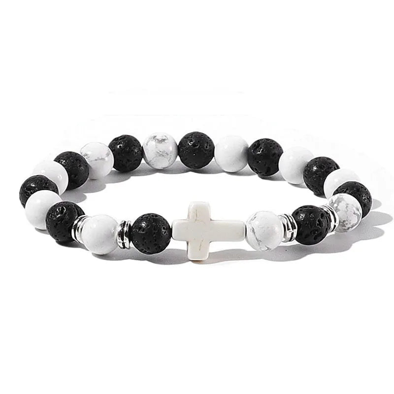 Natural Stone Wood Beads Rosary Hematite Cross Bracelet