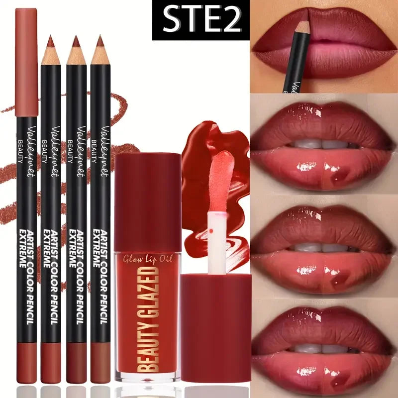 4pcs Lip Kit Set-3pcs Lip Liner+1pc Lip Glaze, Waterproof&Long-Lasting Matte Effect