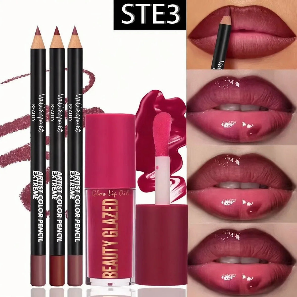 4pcs Lip Kit Set-3pcs Lip Liner+1pc Lip Glaze, Waterproof&Long-Lasting Matte Effect