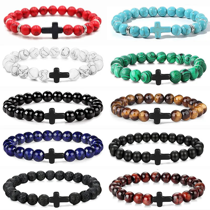 Natural Stone Wood Beads Rosary Hematite Cross Bracelet