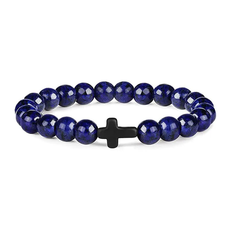 Natural Stone Wood Beads Rosary Hematite Cross Bracelet