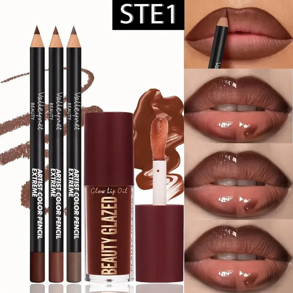 4pcs Lip Kit Set-3pcs Lip Liner+1pc Lip Glaze, Waterproof&Long-Lasting Matte Effect