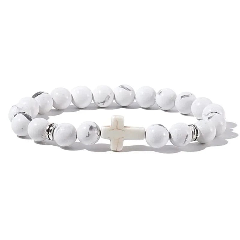 Natural Stone Wood Beads Rosary Hematite Cross Bracelet
