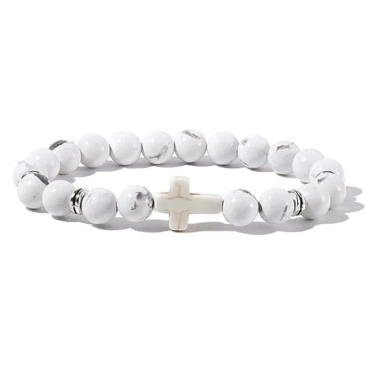 Natural Stone Wood Beads Rosary Hematite Cross Bracelet