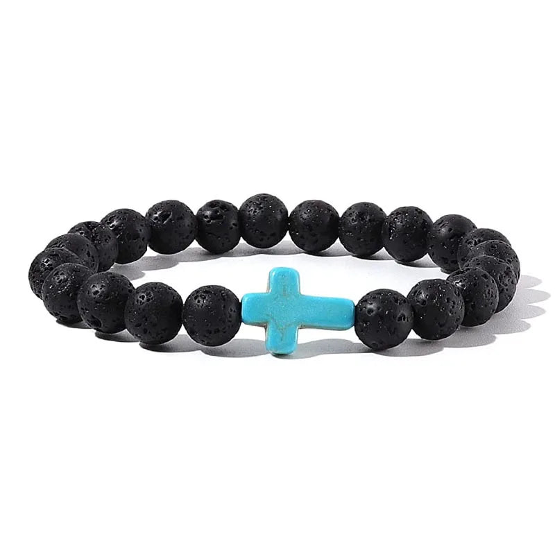 Natural Stone Wood Beads Rosary Hematite Cross Bracelet