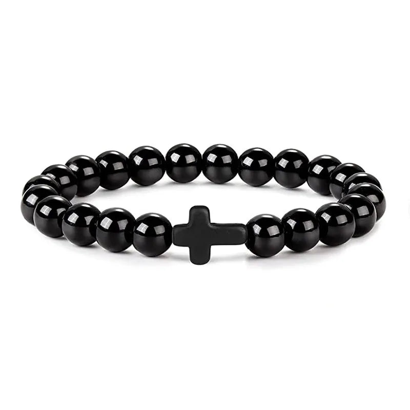 Natural Stone Wood Beads Rosary Hematite Cross Bracelet