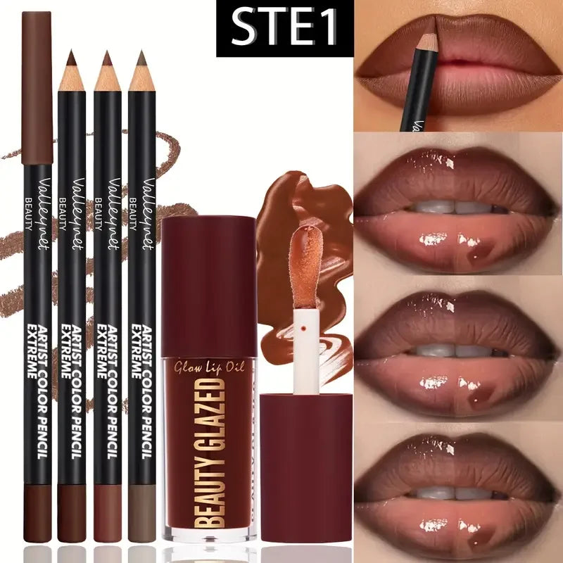 4pcs Lip Kit Set-3pcs Lip Liner+1pc Lip Glaze, Waterproof&Long-Lasting Matte Effect