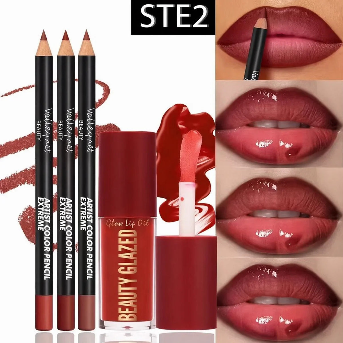4pcs Lip Kit Set-3pcs Lip Liner+1pc Lip Glaze, Waterproof&Long-Lasting Matte Effect