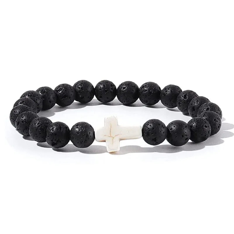 Natural Stone Wood Beads Rosary Hematite Cross Bracelet