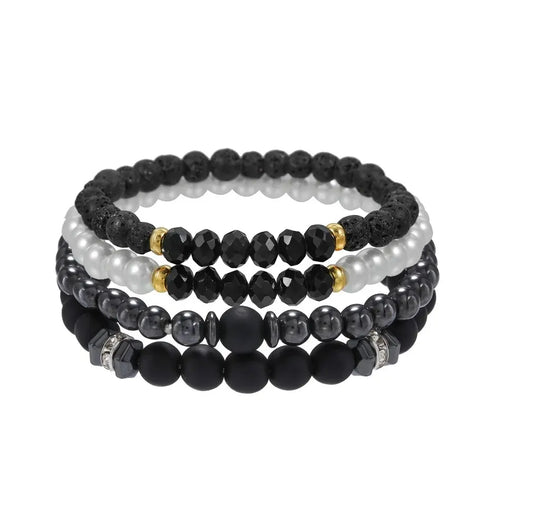 4Pcs/Set Black Gall Stone Volcanic Stone Wood Beads Multi-layer bracelet set