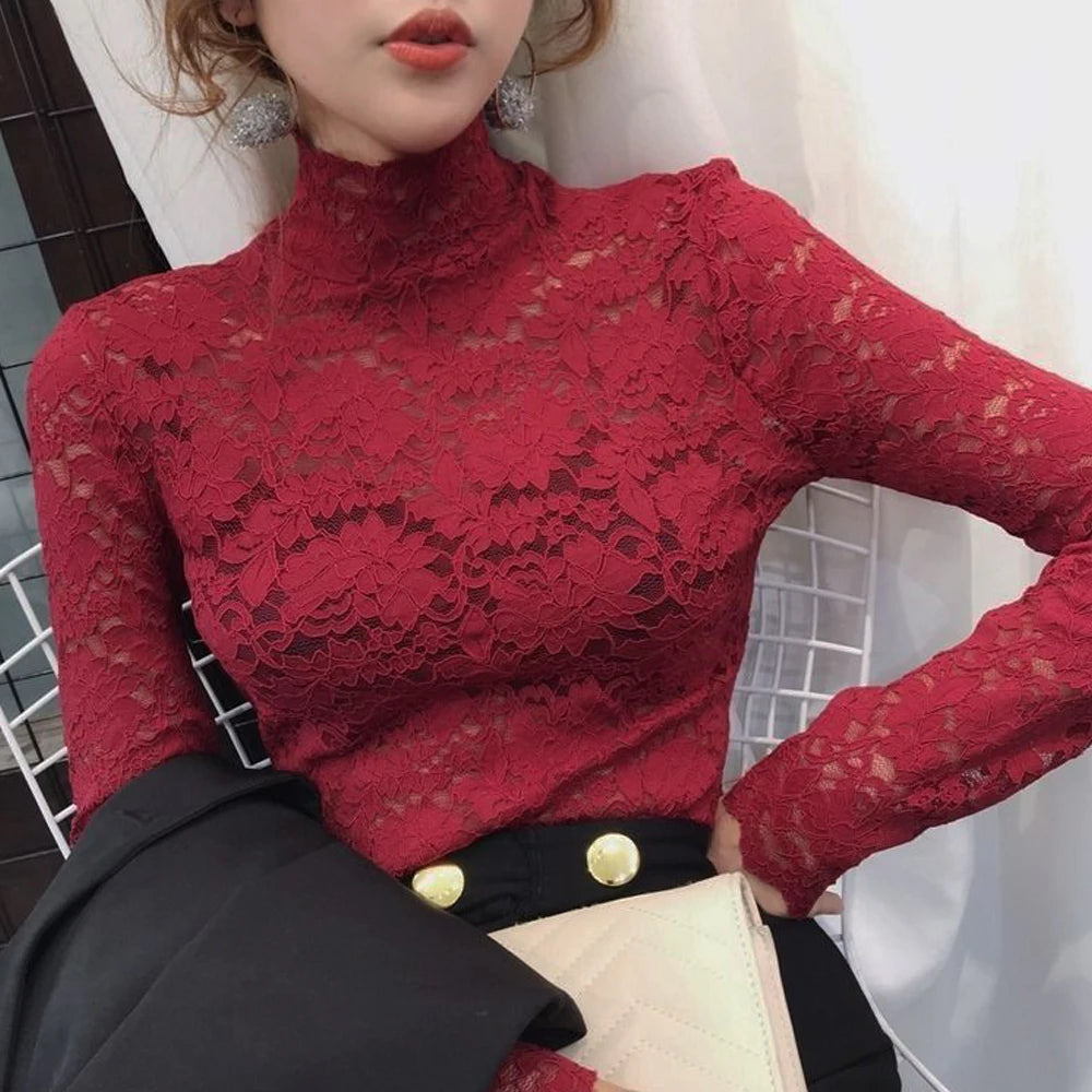 Stretch Floral Lace Petal Sleeve Shirt