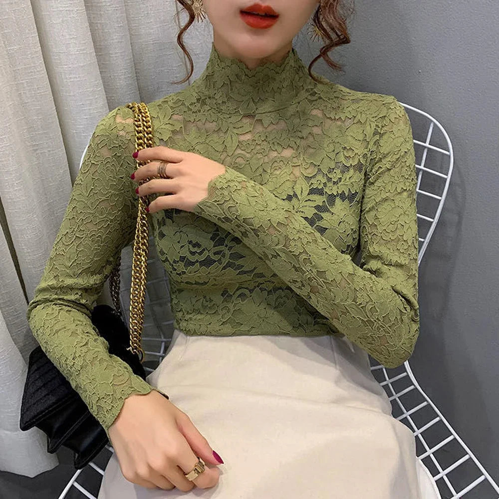 Stretch Floral Lace Petal Sleeve Shirt