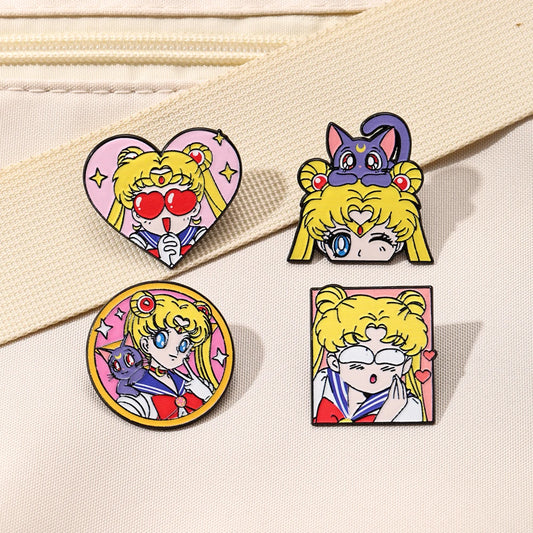 4 Pcs Sailor Moon Heart Shape Enamel Pins Cartoon Brooch Creativity Metal Badges for Backpack, Clothing, Jewelry or a Holiday Gift