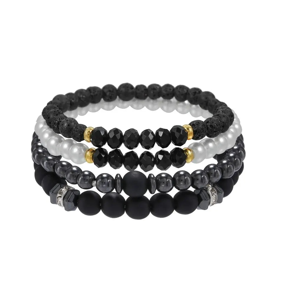 4Pcs/Set Black Gall Stone Volcanic Stone Wood Beads Multi-layer bracelet set